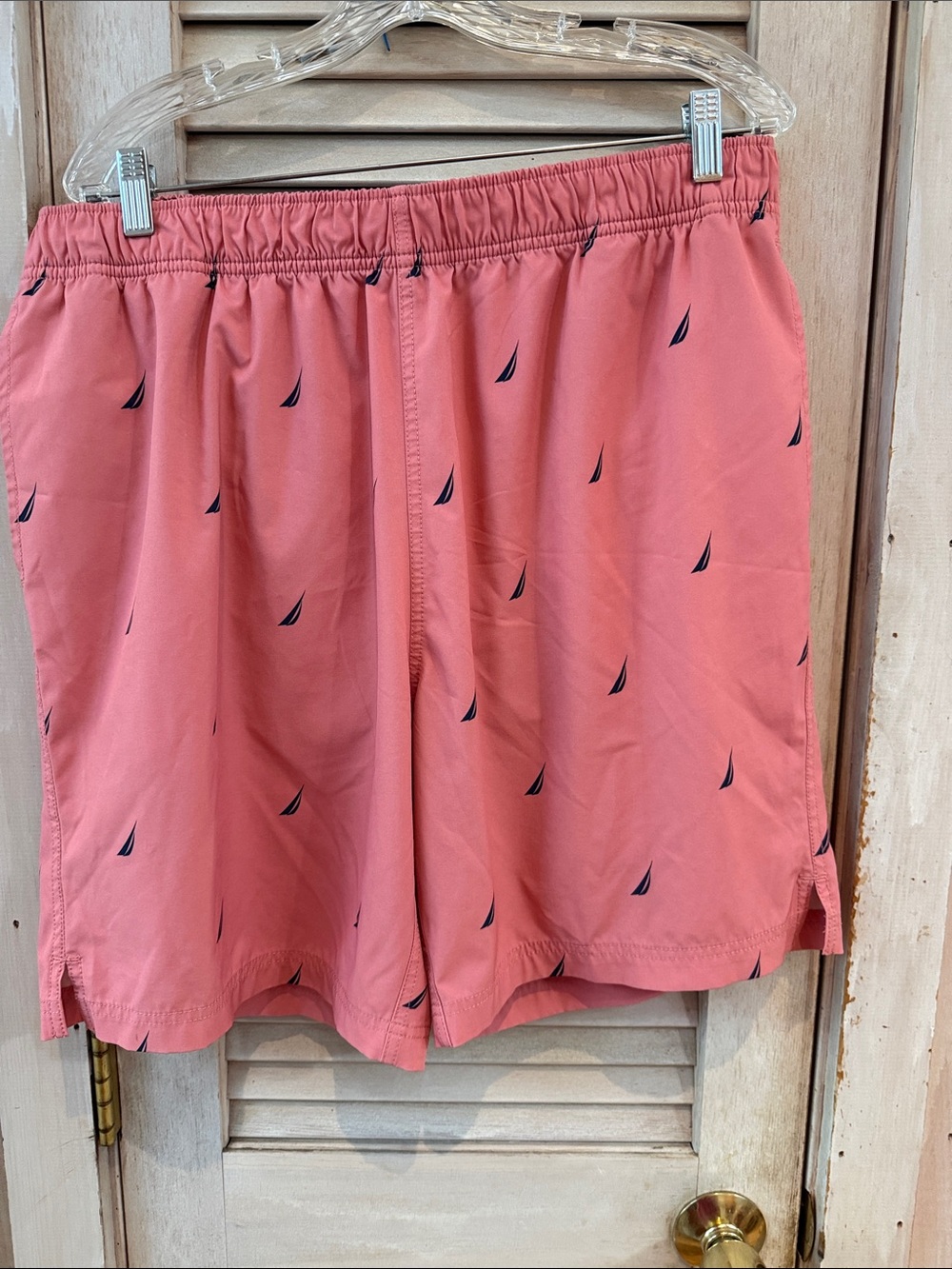 Nautica Coral Swim Trunks with Navy Sail Print XL Drawstring Waist Inner Liner